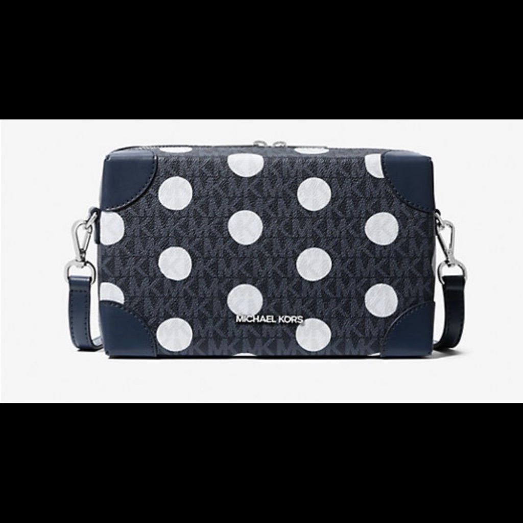 Michael Kors Signature Navy Blue And White Polka Dot Trunk Crossbody Bag Nwt